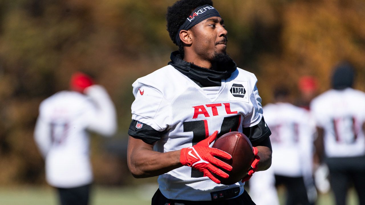 Atlanta Falcons linebacker Quinton Bell (56) works during the