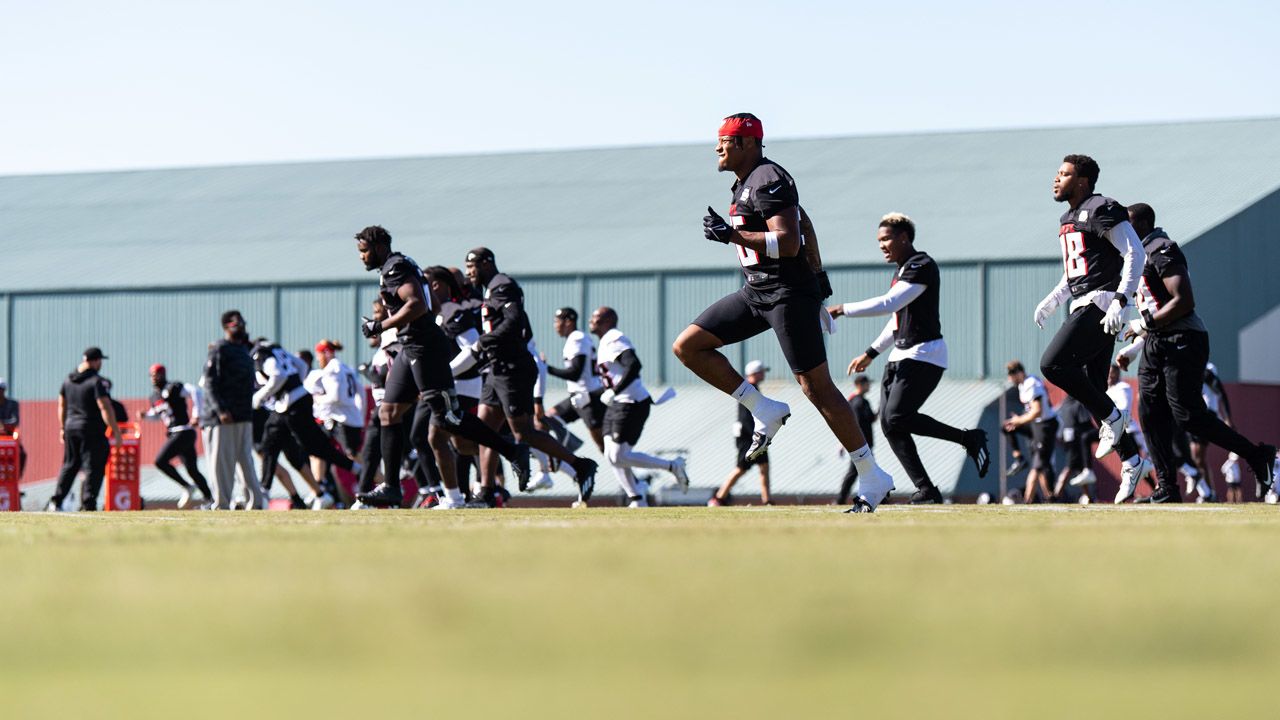 Atlanta Falcons linebacker Quinton Bell (56) works during the