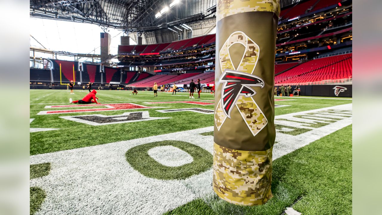 ATLANTA, GA - NOVEMBER 06: Falcons cheerleaders in their Salute To Service  military costume performs during the Sunday afternoon NFL game between the  Atlanta Falcons and the Los Angeles Chargers on November