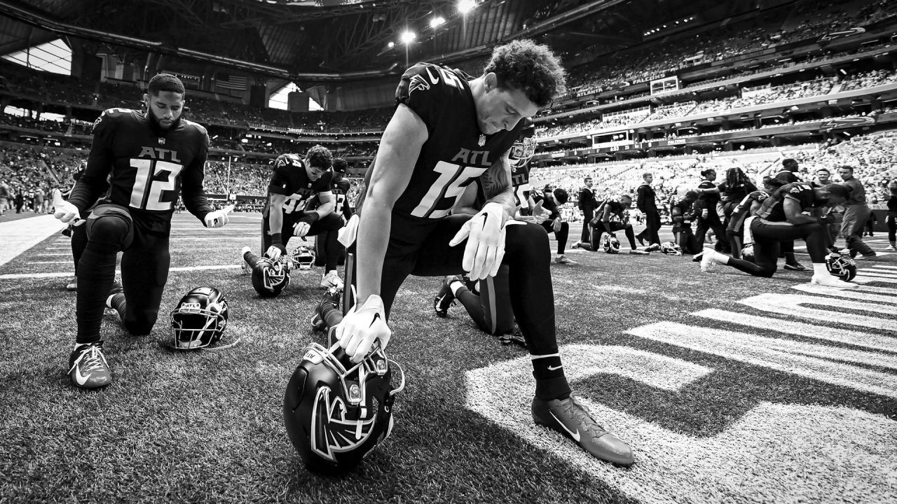 ATLANTA, GA - NOVEMBER 06: An Atlanta Falcons helmet before the Sunday  afternoon NFL game between the Atlanta Falcons and the Los Angeles Chargers  on November 6, 2022 at Mercedes-Benz Stadium in