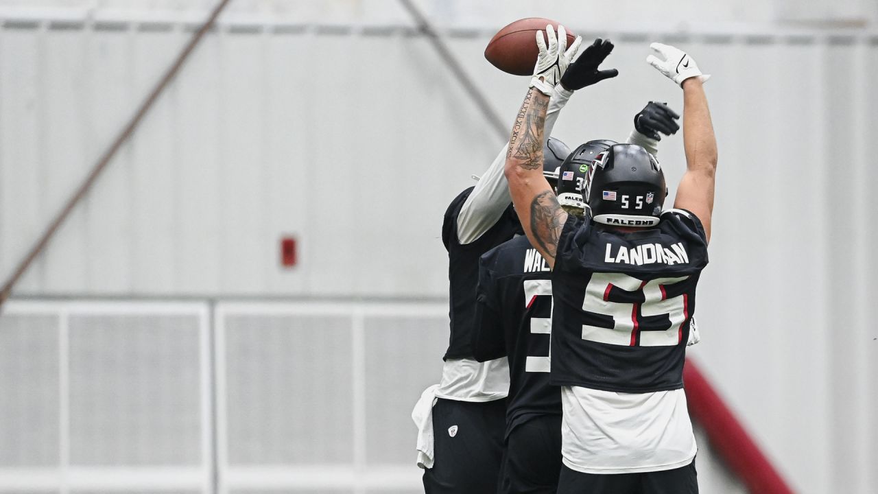 Atlanta Falcons linebacker Nathan Landman (55) lines up during the