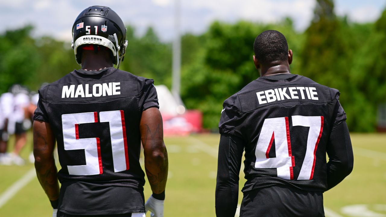 Atlanta Falcons linebacker DeAngelo Malone (51) works during the first half  of an NFL football game