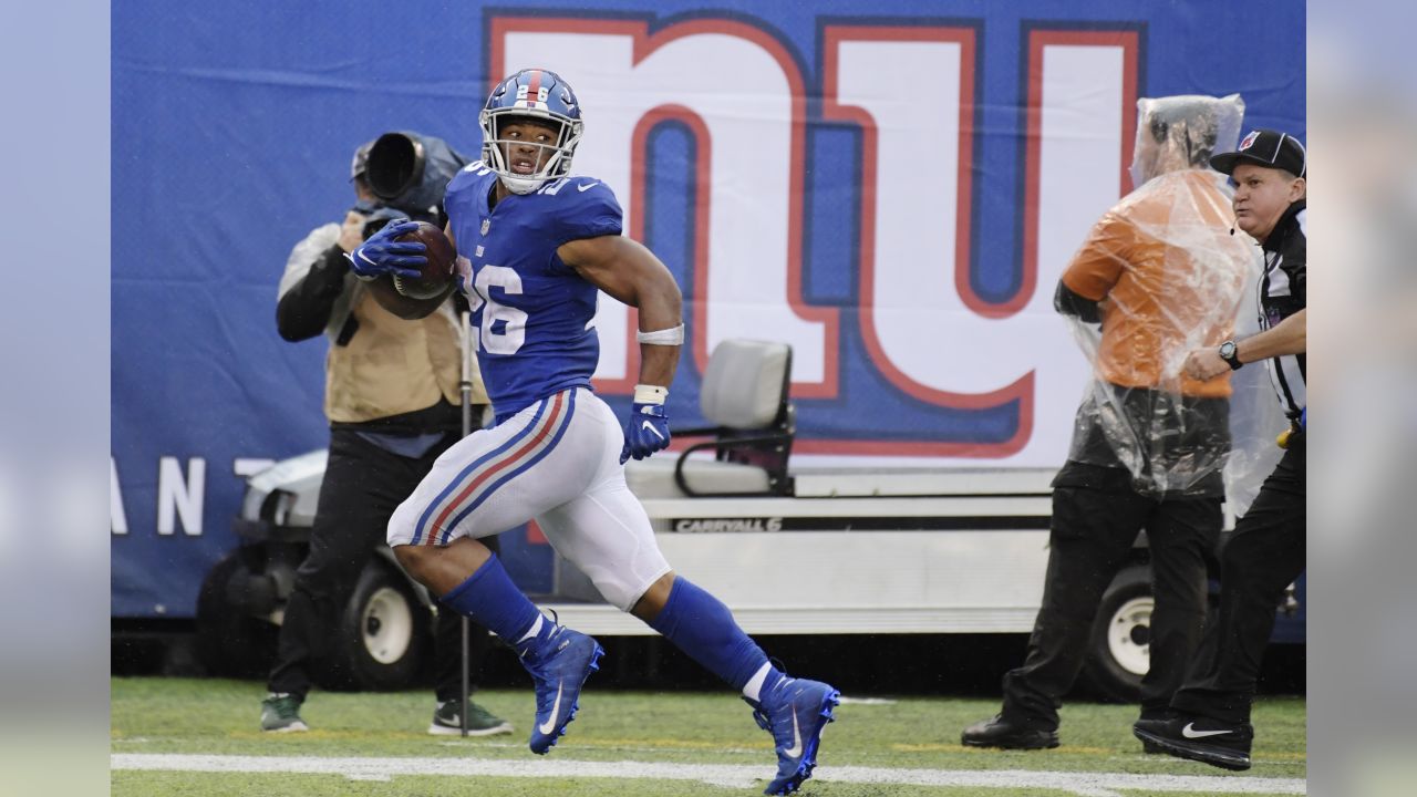 The NFL's John Madden's Thanksgiving day helmet decal on the back of New  York Giants running back Saquon Barkley (26) helmet during the NFL game  against the Dallas Cowboys on Thursday, November