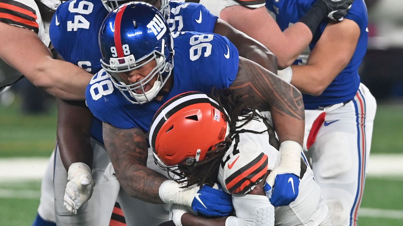 New York Giants defensive tackle Austin Johnson (98) fires up his