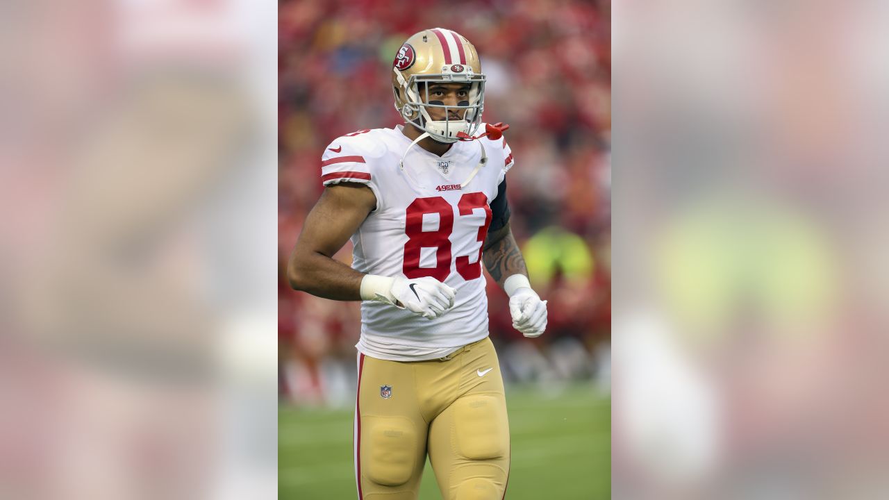 San Francisco 49ers tight end Levine Toilolo (83) celebrates during the NFL  football NFC Championship game against the Green Bay Packers, Sunday, Jan.  19, 2020, in Santa Clara, Calif. The 49ers defeated