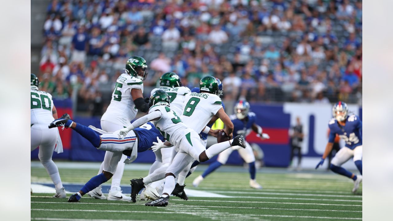 New York Jets safety Jamal Adams (33) celebrates with teammates after  intercepting a pass during the first half of a preseason NFL football game  against the New York Giants Saturday, Aug. 26