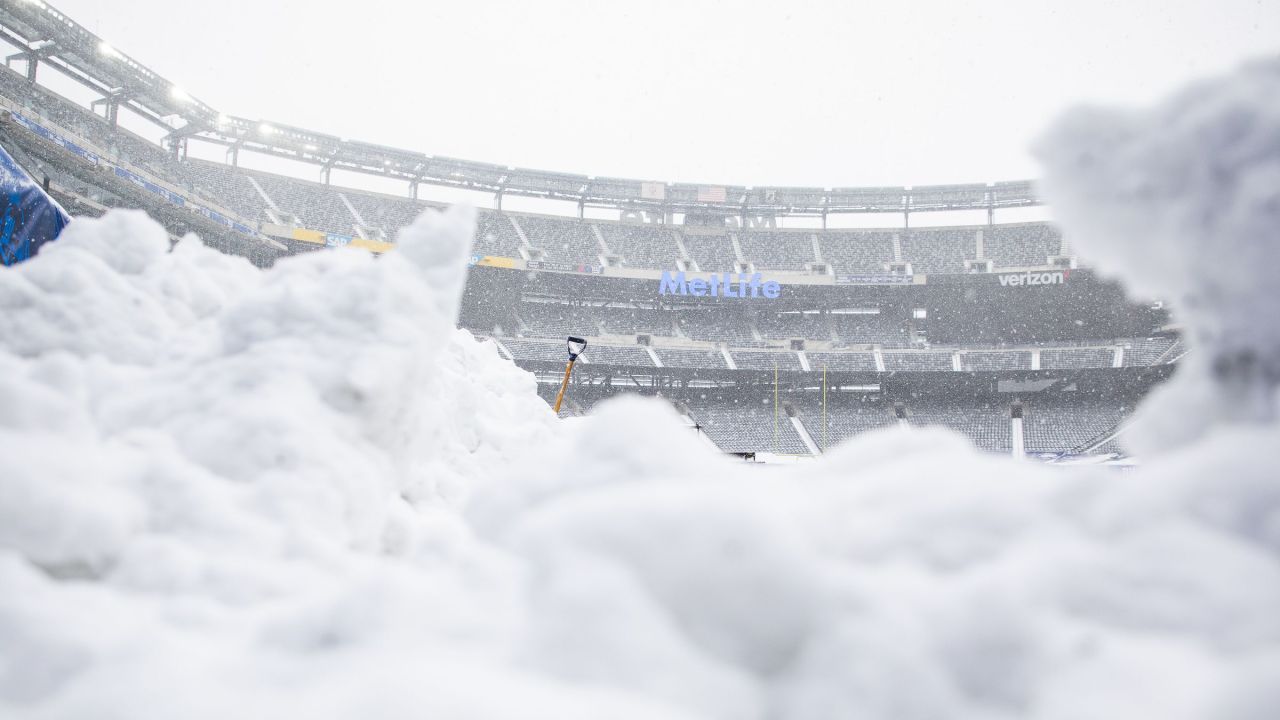 Snow tube through Hall of Fame Stadium goal post at new Winter