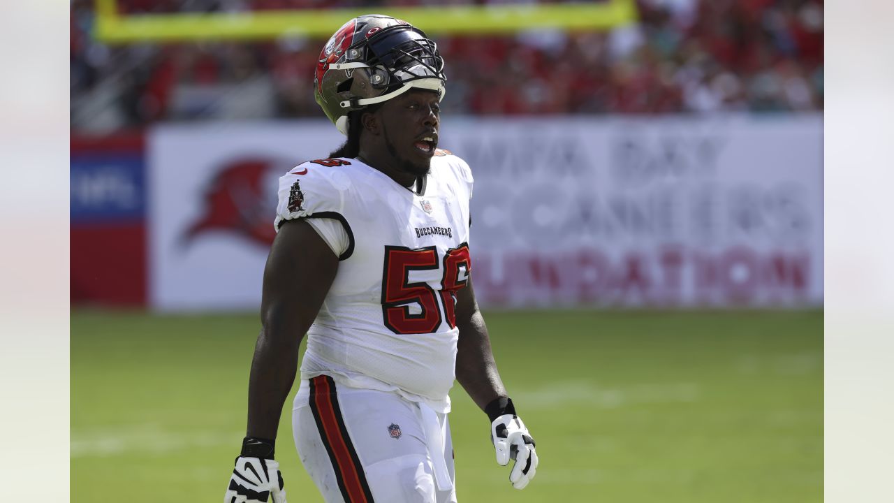 Tampa Bay Buccaneers defensive tackle Rakeem Nunez-Roches (56) warms up  before an NFL football game against the New York Jets, Sunday, Jan. 2,  2022, in East Rutherford, N.J. (AP Photo/Adam Hunger Stock