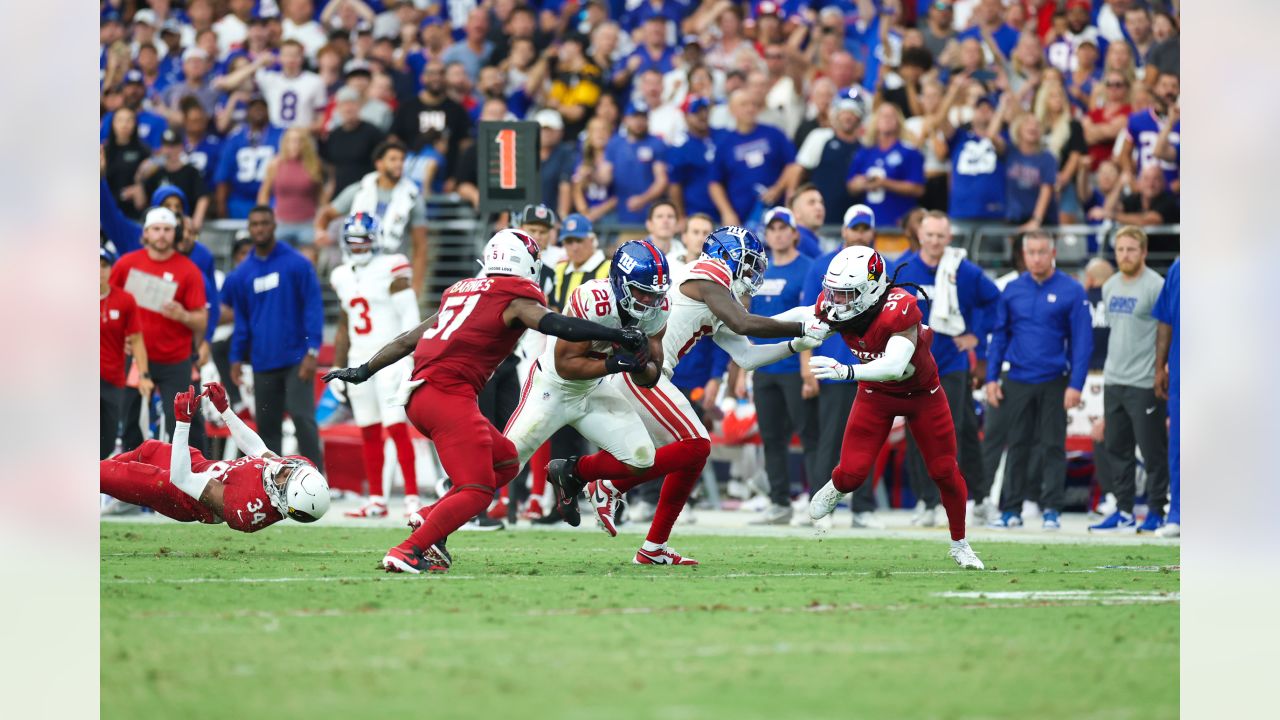 New York Giants linebacker Kayvon Thibodeaux (5) watches replay against the Arizona  Cardinals during the first half of an NFL football game, Sunday, Sept. 17,  2023, in Glendale, Ariz. (AP Photo/Rick Scuteri