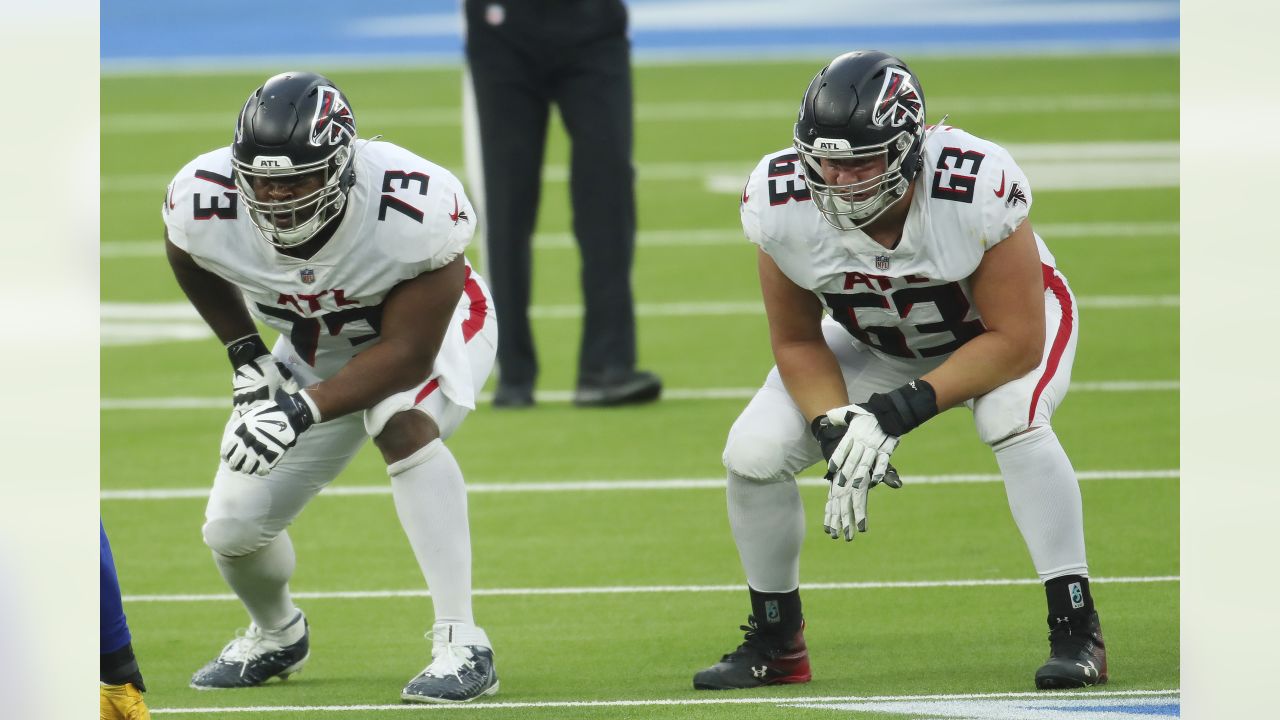 Atlanta Falcons guard Chris Lindstrom (63) lines up during the first half  of an NFL football game against the San Francisco 49ers, Sunday, Oct. 16,  2022, in Atlanta. The Atlanta Falcons won