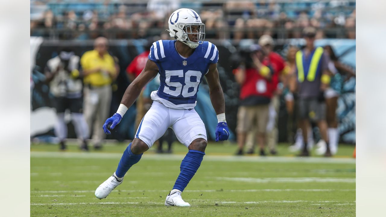 INDIANAPOLIS, IN - NOVEMBER 20: Indianapolis Colts Linebacker Bobby Okereke  (58) walks off the field at the conclusion of the NFL football game between  the Philadelphia Eagles and the Indianapolis Colts on