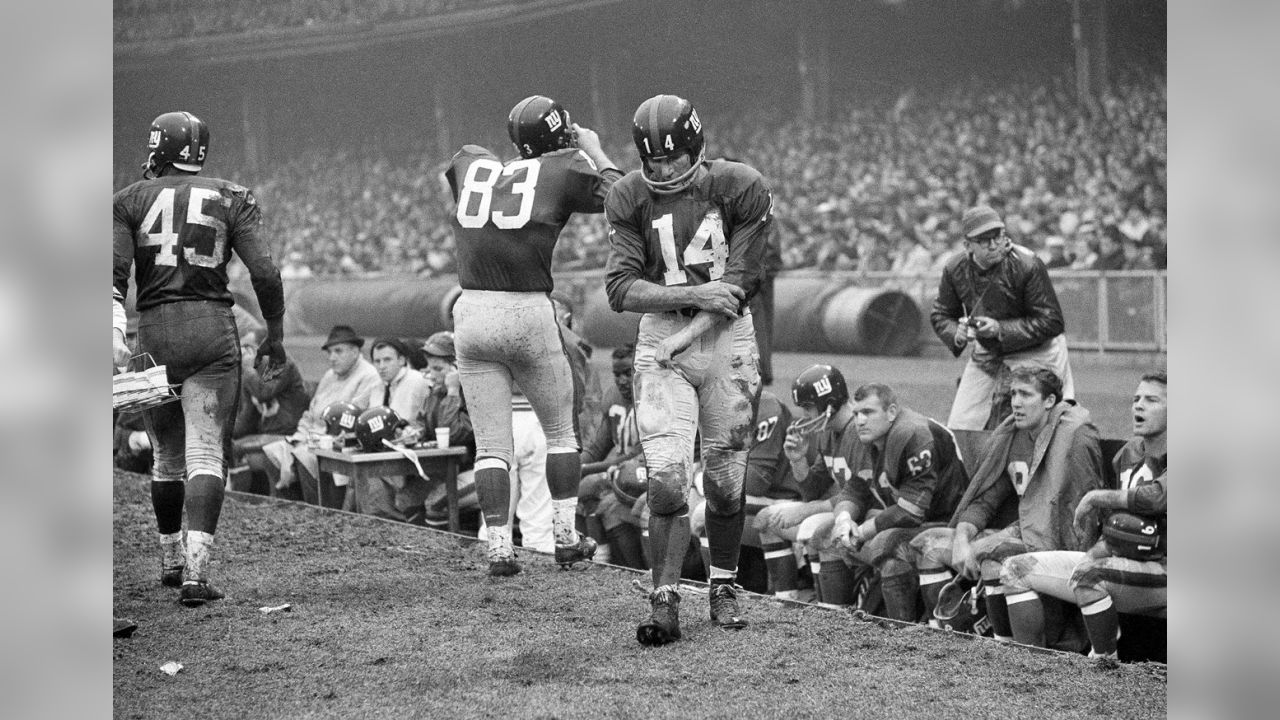 New York Giants quarterback Y.A. Tittle (14) is assisted from the