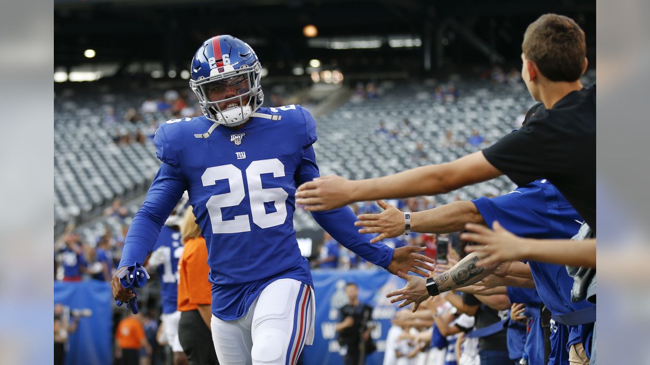 The NFL's John Madden's Thanksgiving day helmet decal on the back of New  York Giants running back Saquon Barkley (26) helmet during the NFL game  against the Dallas Cowboys on Thursday, November