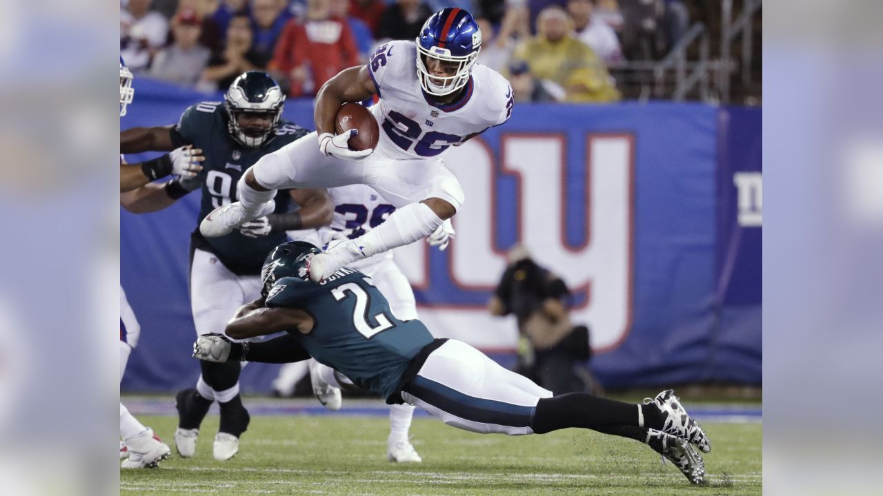 The NFL's John Madden's Thanksgiving day helmet decal on the back of New  York Giants running back Saquon Barkley (26) helmet during the NFL game  against the Dallas Cowboys on Thursday, November