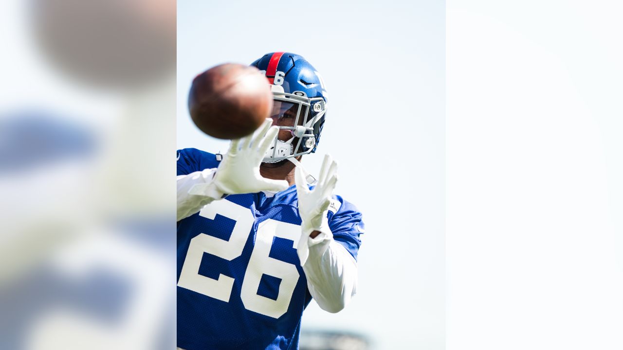 The NFL's John Madden's Thanksgiving day helmet decal on the back of New  York Giants running back Saquon Barkley (26) helmet during the NFL game  against the Dallas Cowboys on Thursday, November