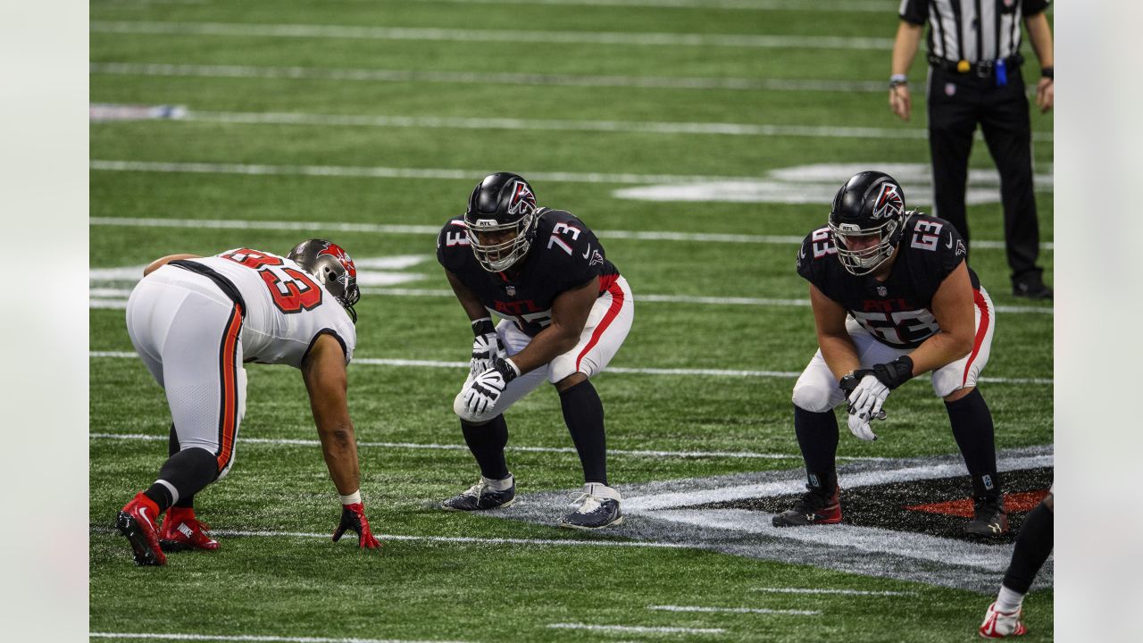 Atlanta Falcons guard Chris Lindstrom (63) lines up during the first half  of an NFL football game against the San Francisco 49ers, Sunday, Oct. 16,  2022, in Atlanta. The Atlanta Falcons won