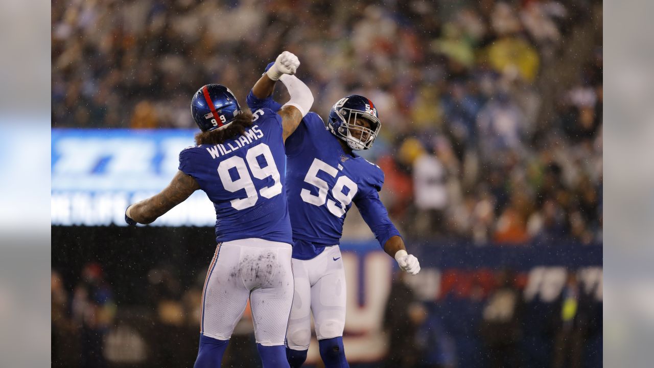 New York Giants defensive end Leonard Williams (99) in action during an NFL  football game against the Washington Football Team, Sunday, Oct. 18, 2020,  in East Rutherford, N.J. (AP Photo/Adam Hunger Stock