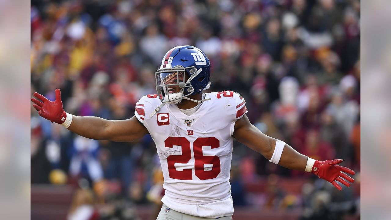 The NFL's John Madden's Thanksgiving day helmet decal on the back of New  York Giants running back Saquon Barkley (26) helmet during the NFL game  against the Dallas Cowboys on Thursday, November