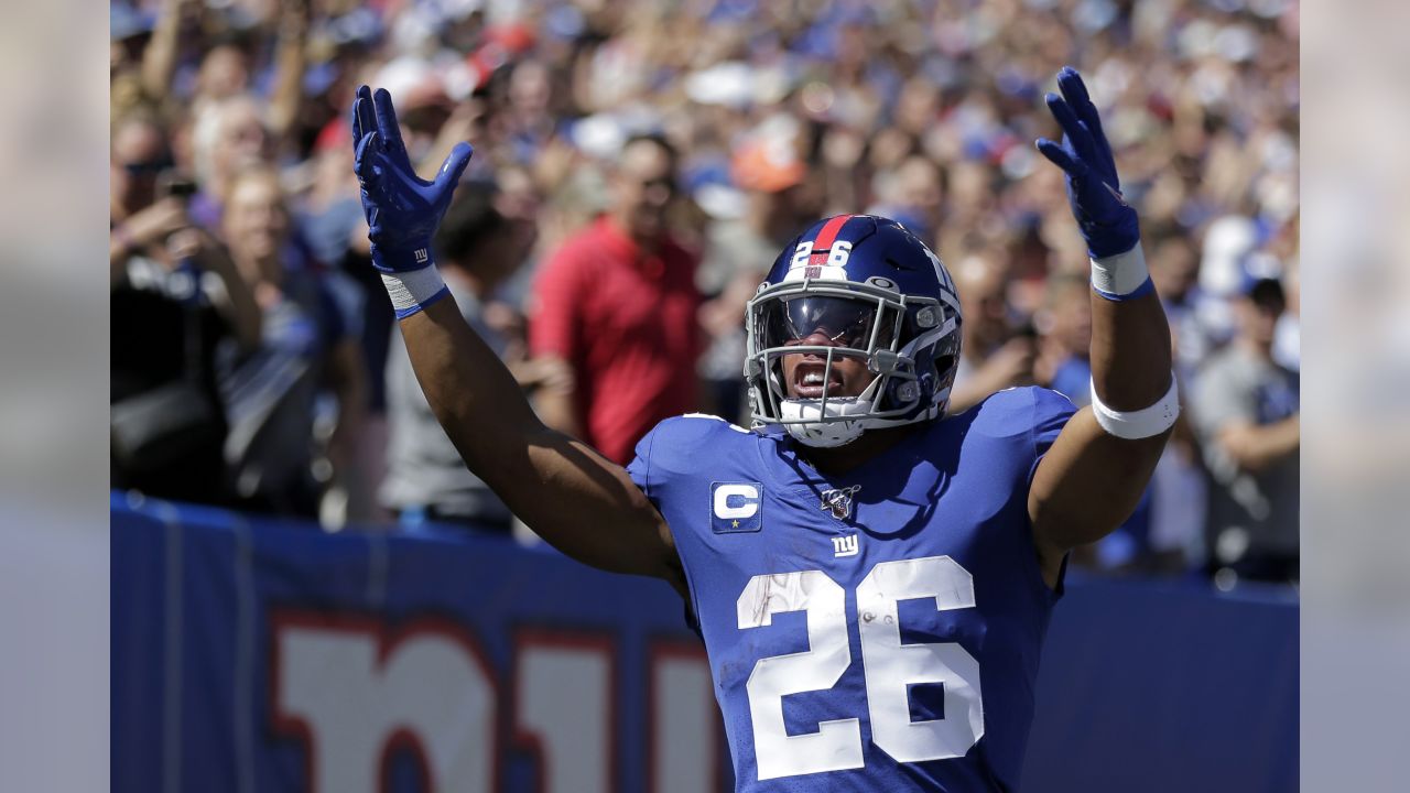 The NFL's John Madden's Thanksgiving day helmet decal on the back of New  York Giants running back Saquon Barkley (26) helmet during the NFL game  against the Dallas Cowboys on Thursday, November