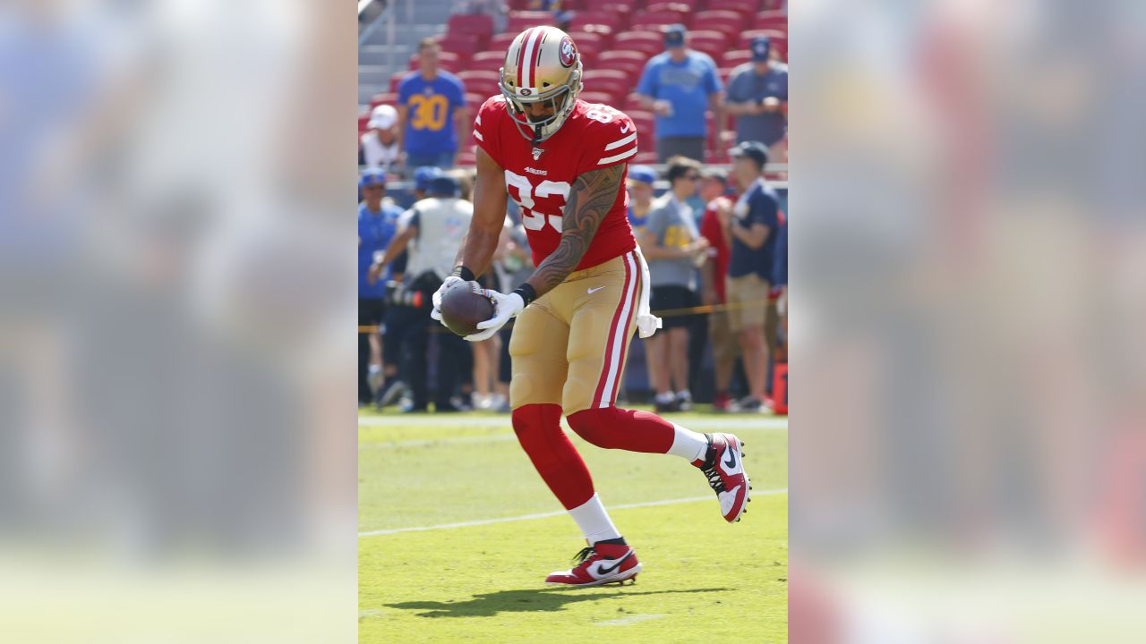 San Francisco 49ers tight end Levine Toilolo (83) celebrates during the NFL  football NFC Championship game against the Green Bay Packers, Sunday, Jan.  19, 2020, in Santa Clara, Calif. The 49ers defeated