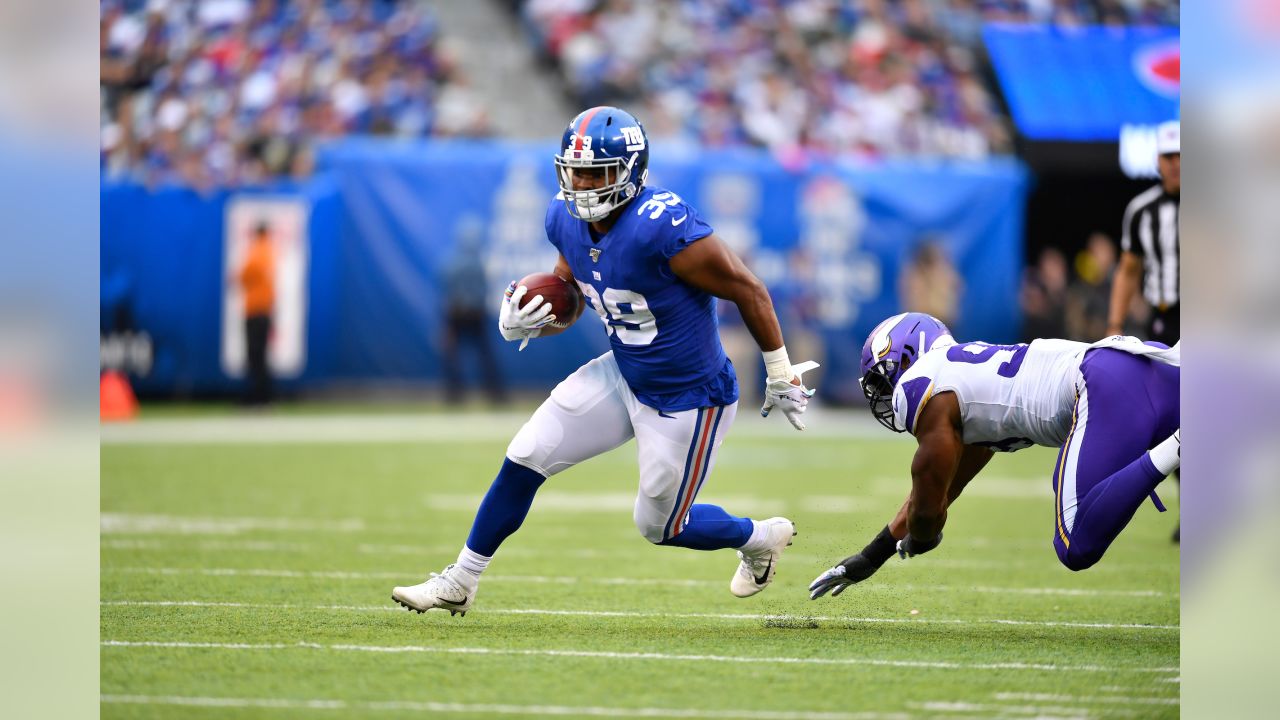 New York Giants running back Elijhaa Penny (39) is tackled by the Minnesota  Vikings during the fourth quarter of an NFL football game, Sunday, Oct. 6,  2019, in East Rutherford, N.J. (AP