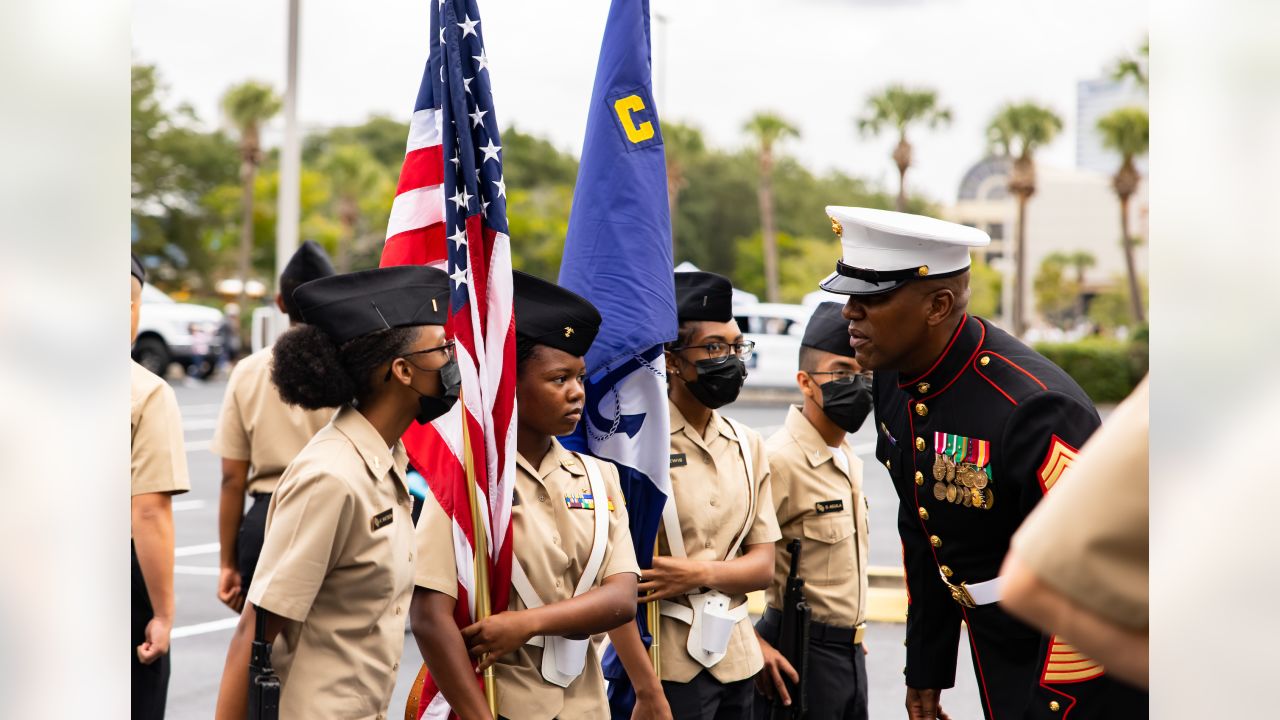 U.S. Marines stand at parade rest during the Jacksonville Jaguars