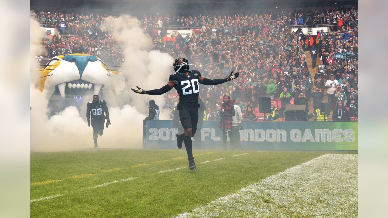 Jacksonville Jaguars CB Jalen Ramsey celebrates an interception in the NFL  International Series game against the Baltimore Ravens at Wembley Stadium,  London on September 24, 2017. Jacksonville beat Baltimore 44 - 7.