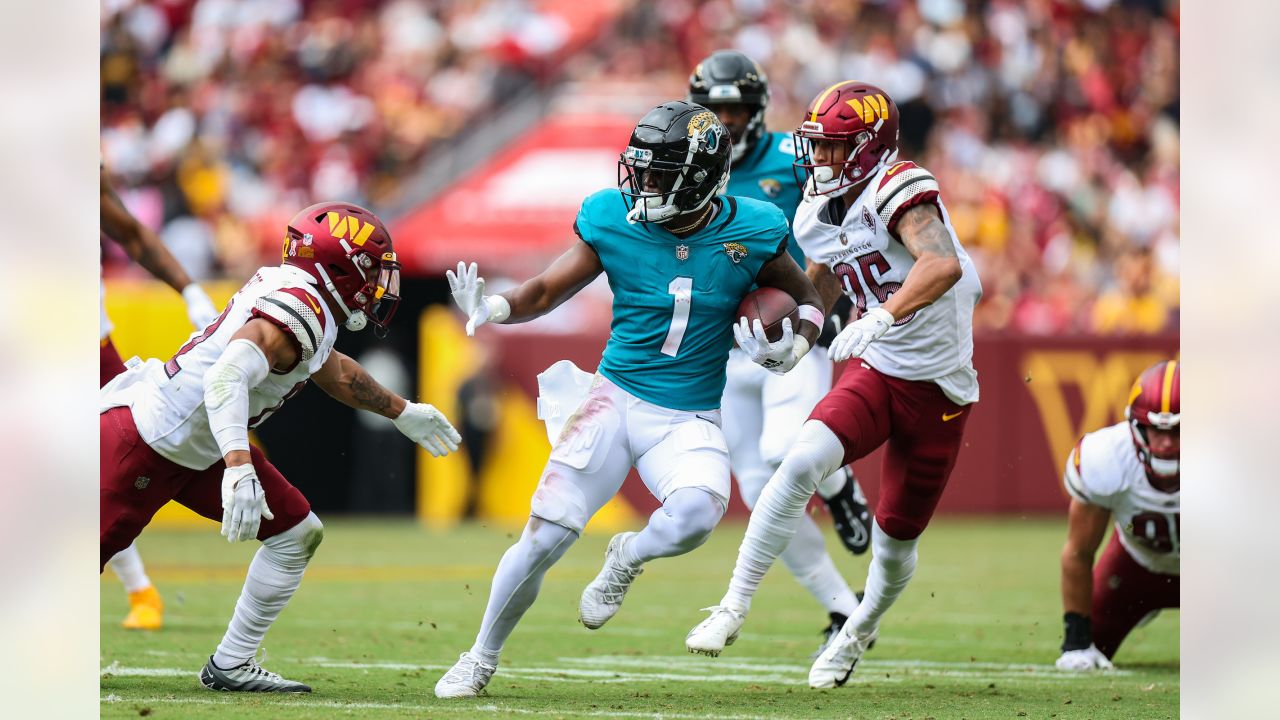 Jacksonville Jaguars cornerback Tyson Campbell (32) runs during an NFL  football game against the Washington Commanders, Sunday, Sept. 11, 2022 in  Landover. (AP Photo/Daniel Kucin Jr Stock Photo - Alamy