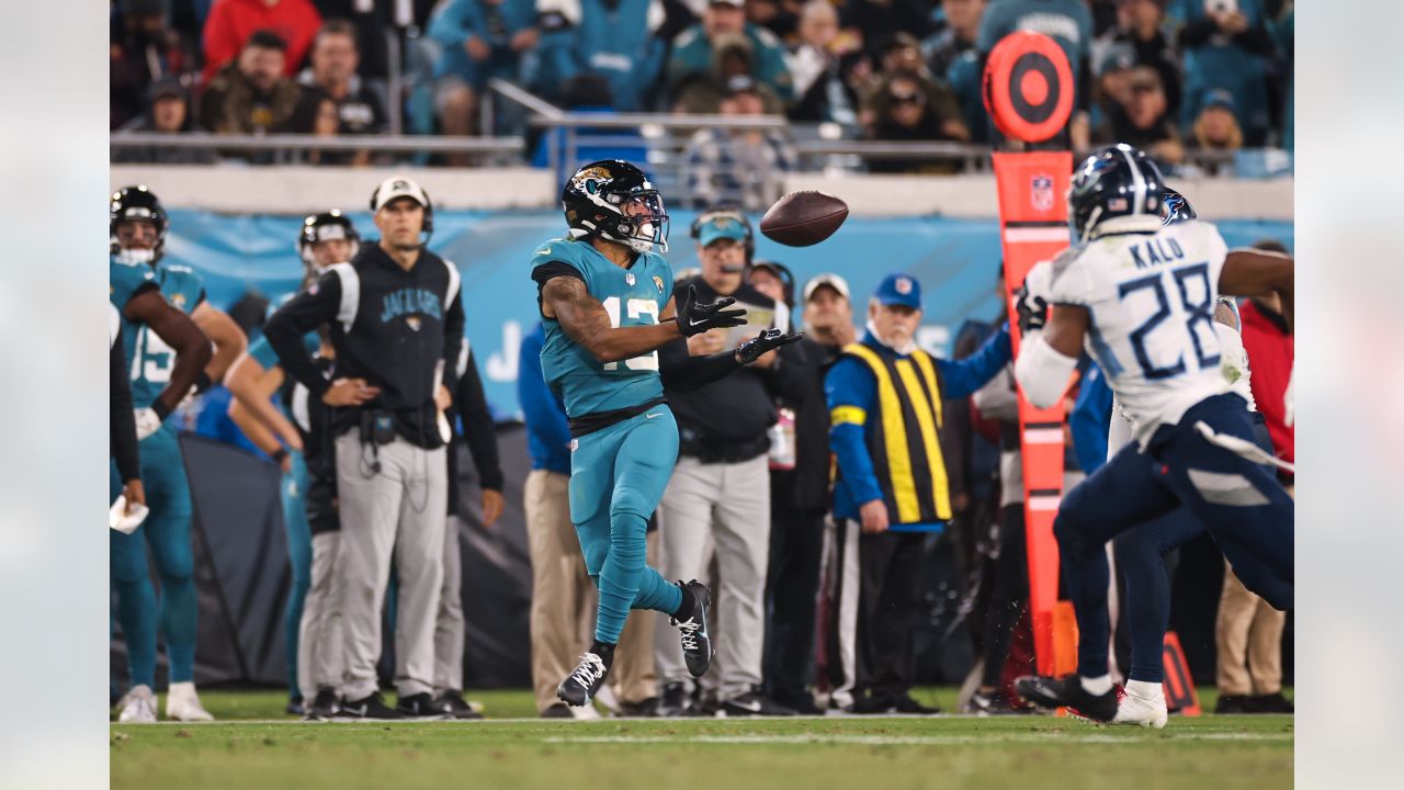 Jacksonville, Florida, USA. January 7, 2023: Jacksonville Jaguars wide  receiver JAMAL AGNEW (39) gets tackled after returning the ball during the  Jacksonville Jaguars vs Tennessee Titans NFL game at TIAA Bank Field