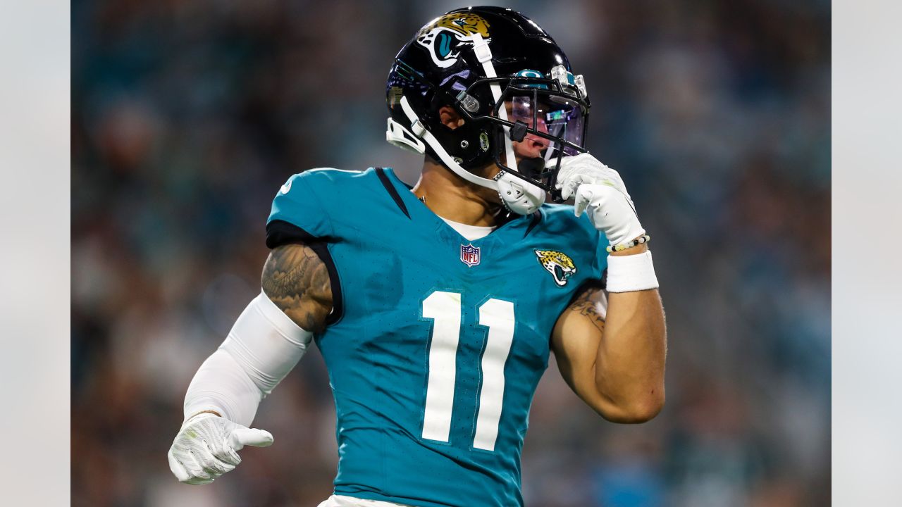 Jacksonville Jaguars wide receiver Parker Washington (11) is seen during  the first half of an NFL football game against the Dallas Cowboys,  Saturday, Aug. 12, 2023, in Arlington, Texas. Jacksonville won 28-23. (