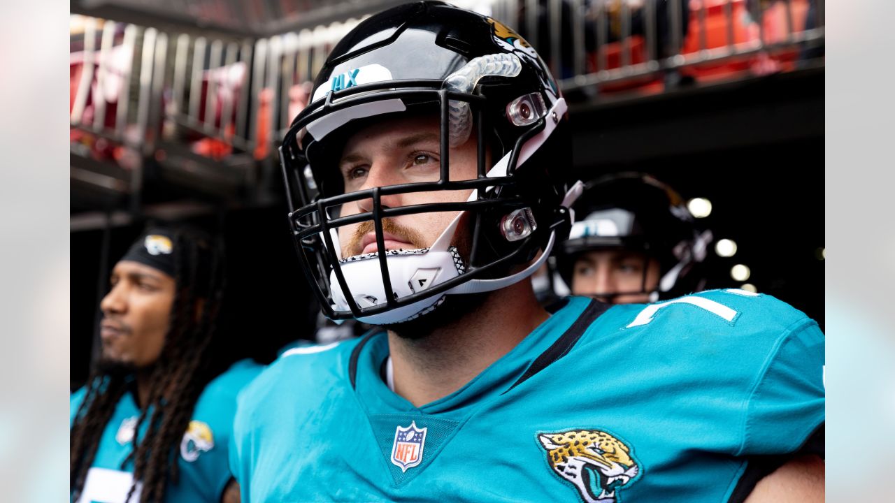 From left, Jacksonville Jaguars' Luke Fortner (79), Tyler Shatley (69), and  offensive tackle Walker Little (72) in action during an NFL football game  against the Tennessee Titans, Saturday, Jan. 7, 2023, in