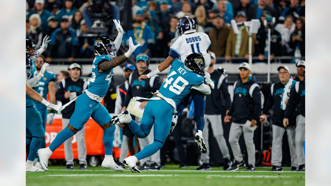 Jacksonville, Florida, USA. January 7, 2023: Jacksonville Jaguars wide  receiver JAMAL AGNEW (39) gets tackled after returning the ball during the  Jacksonville Jaguars vs Tennessee Titans NFL game at TIAA Bank Field