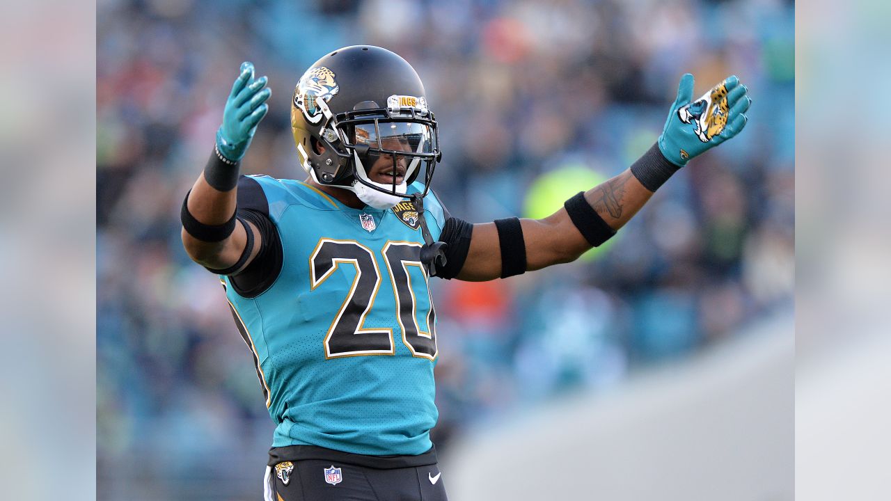 Jacksonville Jaguars CB Jalen Ramsey celebrates an interception in the NFL  International Series game against the Baltimore Ravens at Wembley Stadium,  London on September 24, 2017. Jacksonville beat Baltimore 44 - 7.