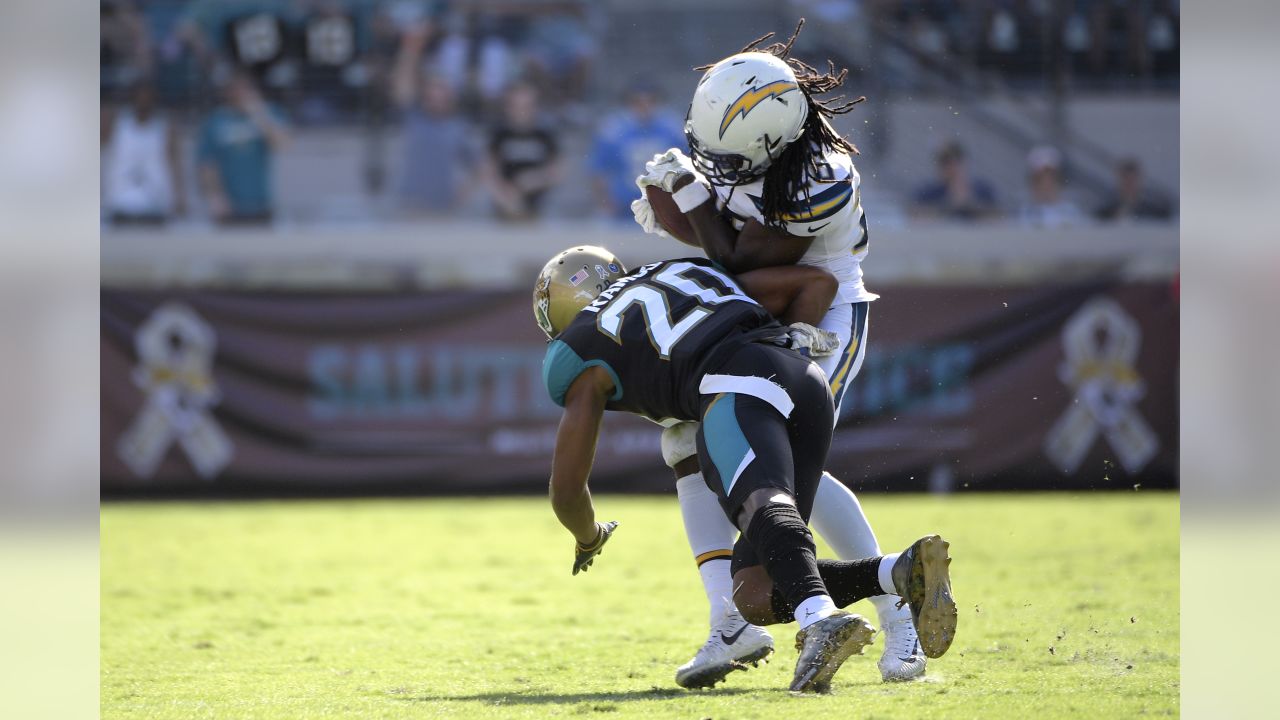 Jacksonville Jaguars CB Jalen Ramsey celebrates an interception in the NFL  International Series game against the Baltimore Ravens at Wembley Stadium,  London on September 24, 2017. Jacksonville beat Baltimore 44 - 7.