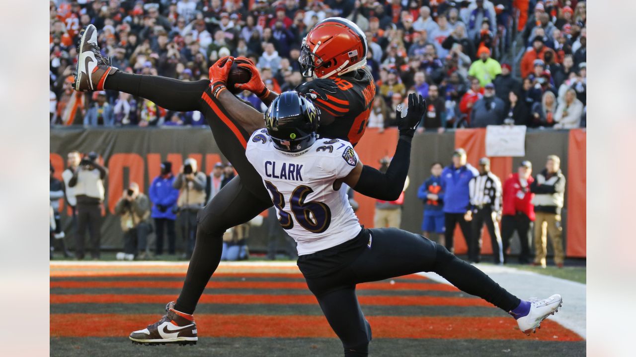 Baltimore Ravens S Chuck Clark (36) reacts after sacking San