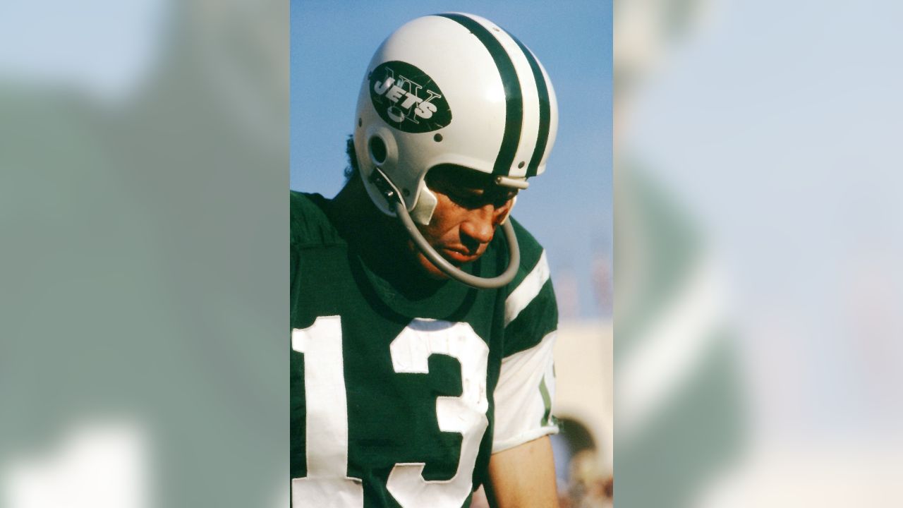 New York Jets hall of fame quarterback Joe Namath and Don Maynard (13)  stand on the field during a ceremony honoring the Super bowl III Jets at  halftime of the New York