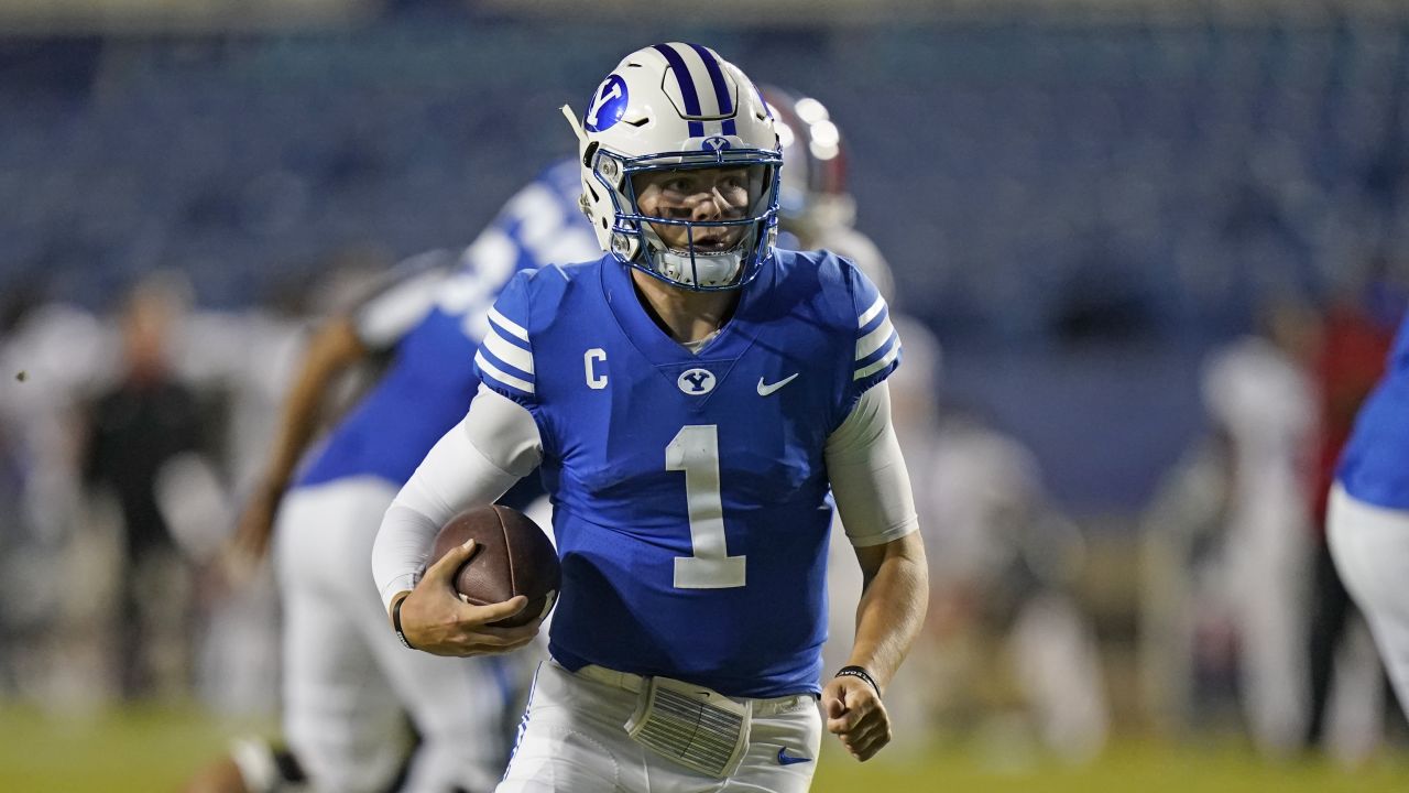 BYU quarterback Zach Wilson holds a New York Jets jersey on stage after  being selected second overall in the first round of the NFL football draft,  Thursday, April 29, 2021, in Cleveland. (