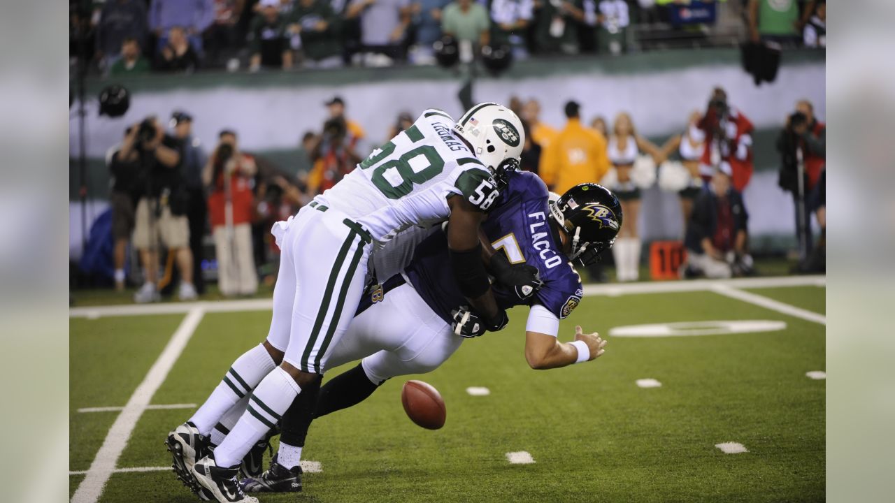 13 September 2010: Baltimore Ravens quarterback Joe Flacco (5) during the  second half of the Baltimore Ravens vs New York Jets game at the New  Meadowlands Stadium in East Rutherford, New Jersey