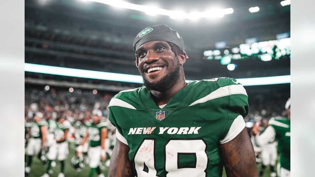 New York Jets tight end Kenny Yeboah (48) on the sidelines against