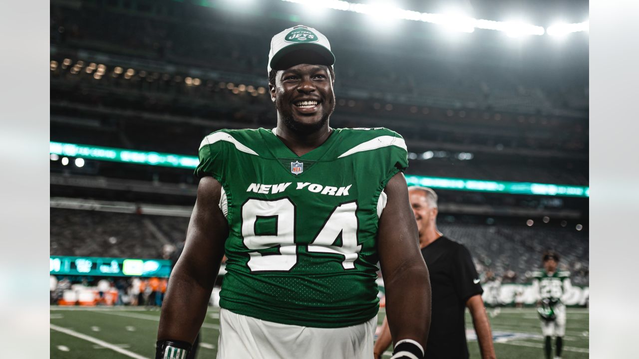 New York Jets tight end Kenny Yeboah (88) walks off of the field