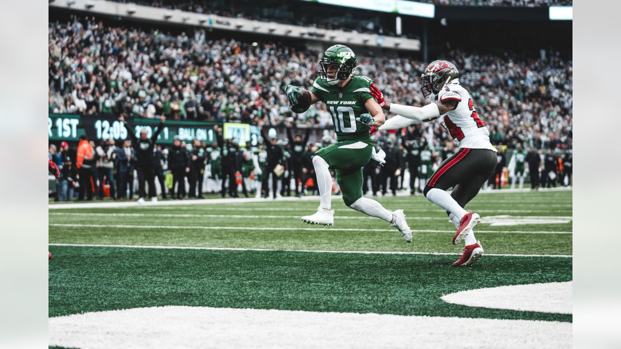 Jets receiver Braxton Berrios is hyped after scoring a first-quarter  touchdown against the Dolphins. 