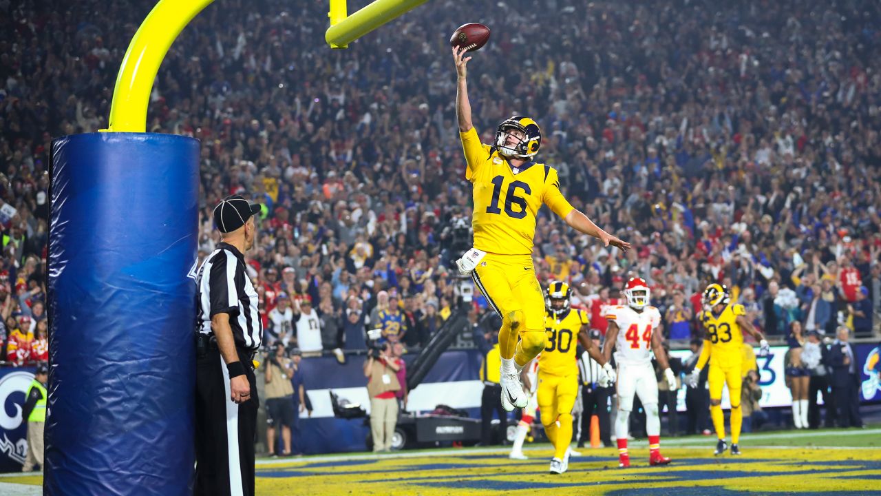 Los Angeles Rams quarterback Jared Goff wears an NFC Champions hat