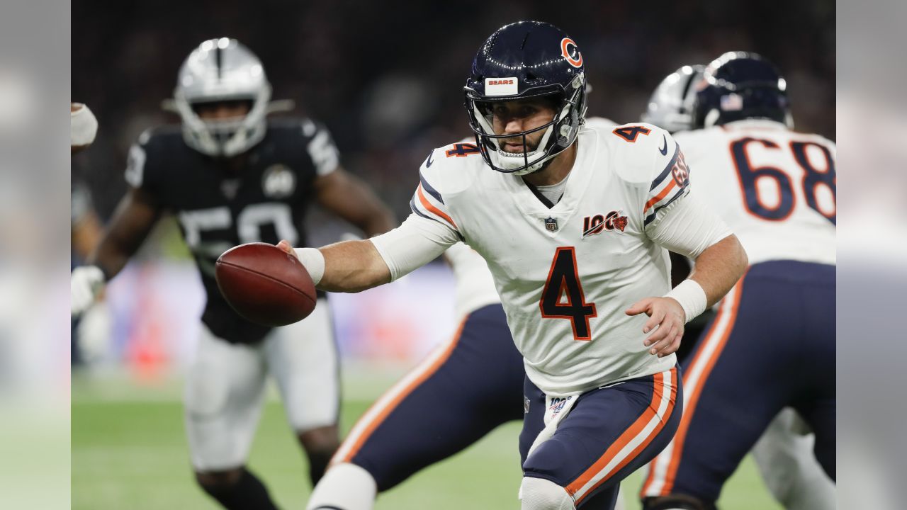 An Oakland Raiders cheerleader cheers during the second half of an NFL  football game against the Chicago Bears at Tottenham Hotspur Stadium,  Sunday, Oct. 6, 2019, in London. (AP Photo/Kirsty Wigglesworth Stock