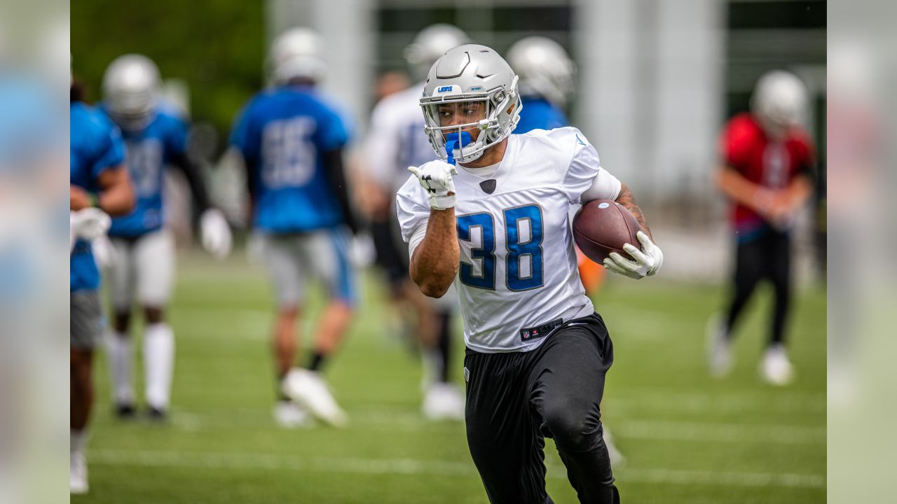 Detroit Lions running back Ty Johnson (38) runs the ball during an NFL  preseason football game against the New England Patriots in Detroit,  Friday, Aug. 9, 2019. (AP Photo/Paul Sancya Stock Photo - Alamy