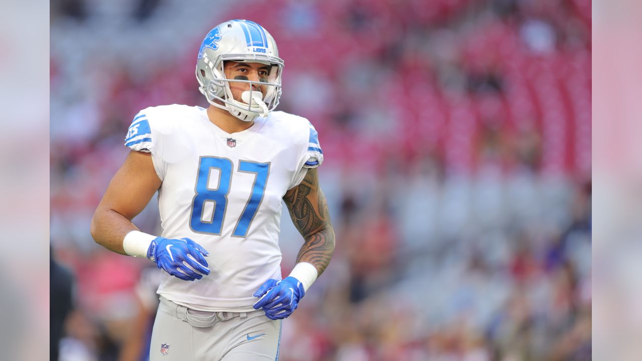 Detroit Lions tight end Levine Toilolo #87 looks on from the sidelines  during the second half of an NFL football game against the New England  Patriots in Detroit, Michigan USA, on Sunday