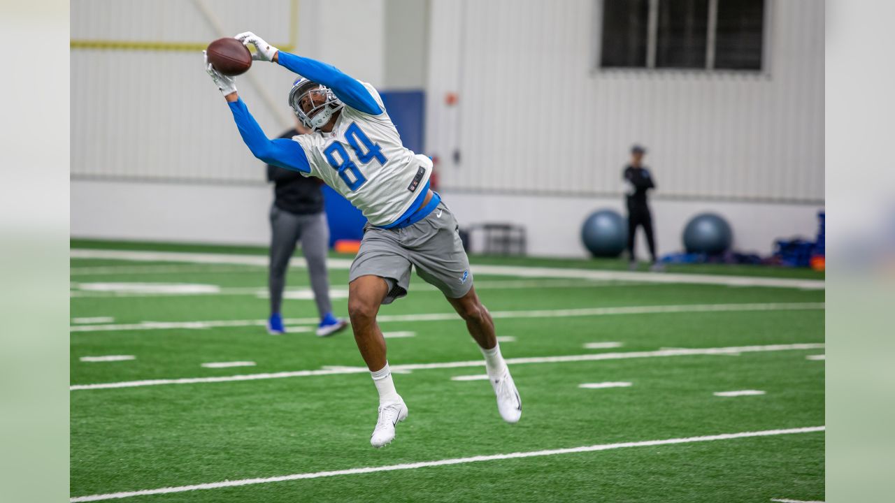 Wide receiver Travis Fulgham of the Detroit Lions jogs on the field