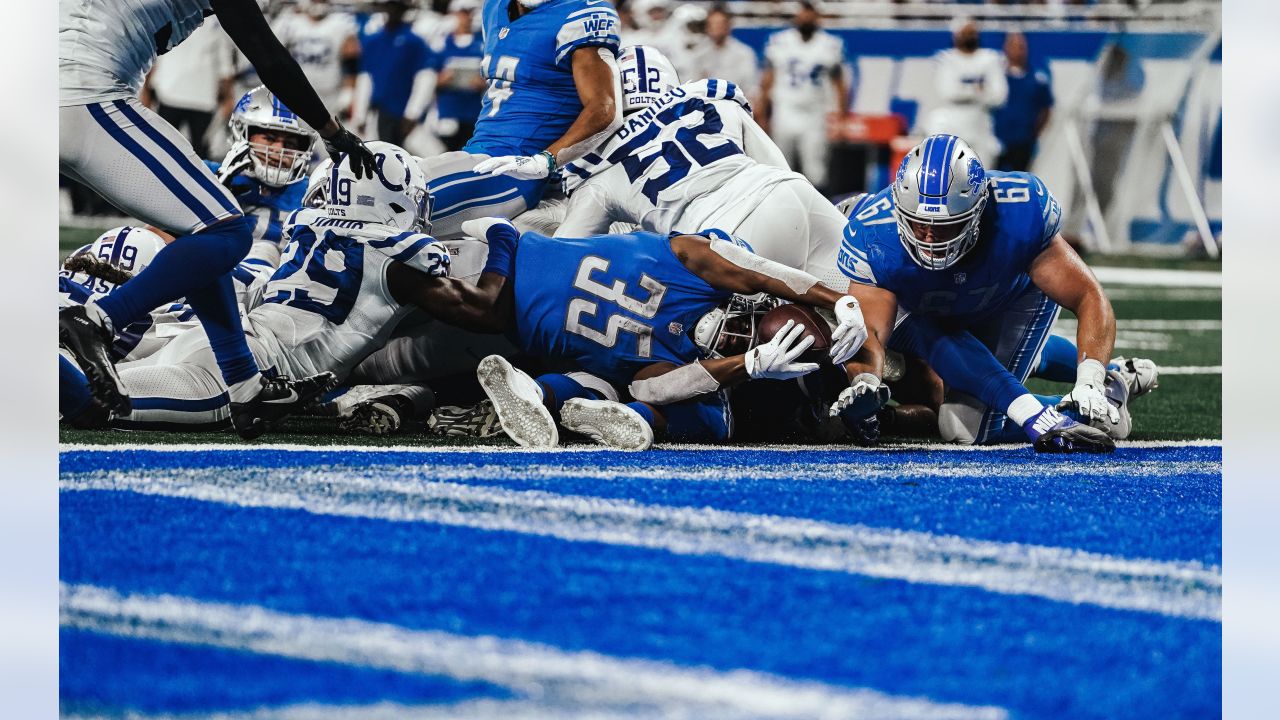 Detroit Lions running back Godwin Igwebuike (35) looks down the field after  a play during the second half of an NFL preseason football game between the Detroit  Lions and the Indianapolis Colts