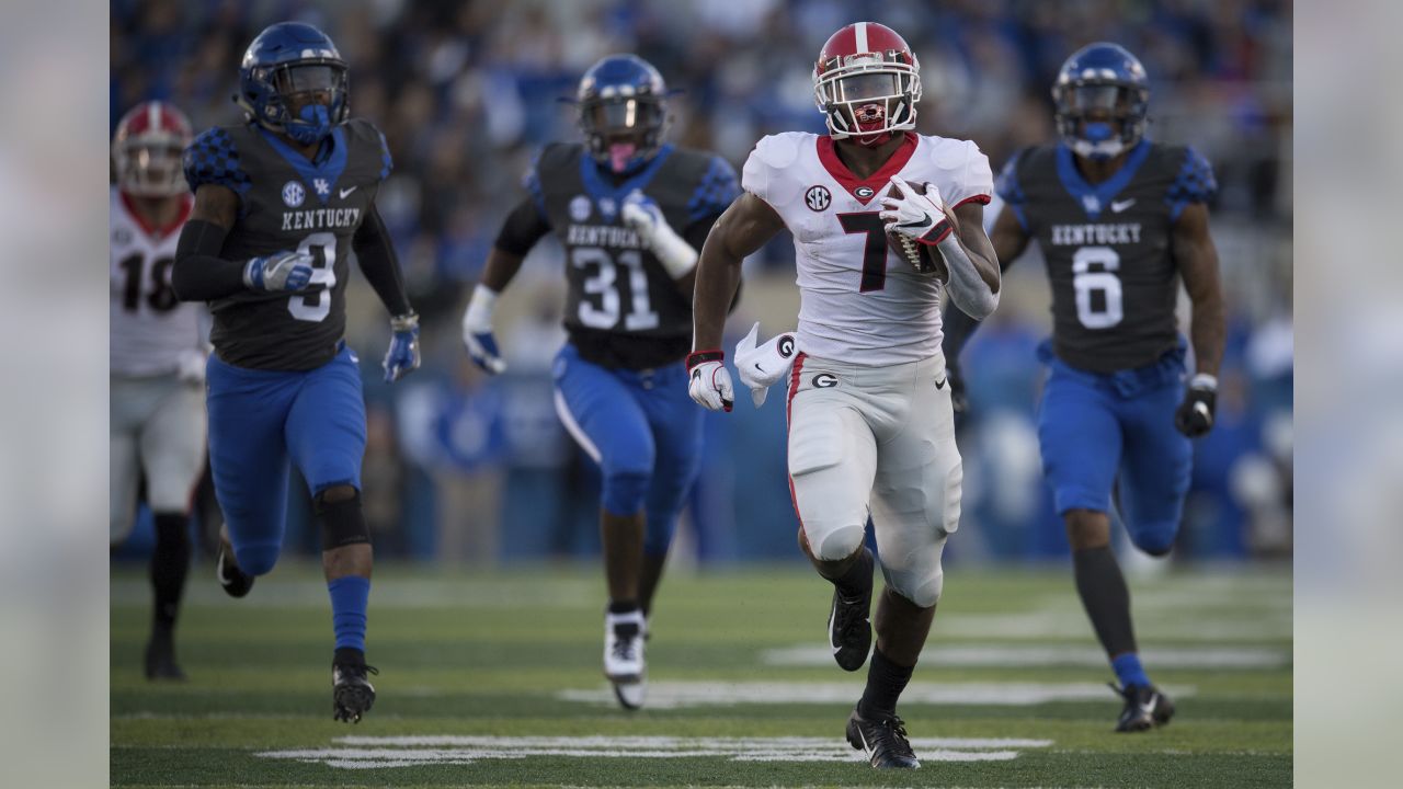 ATLANTA, GA - SEPTEMBER 03: Current Detroit Lions Running Back and former  Georgia Bulldog player DeAndre Swift looks on during the Chick-Fil-A  Kickoff Game between the Oregon Ducks and the Georgia Bulldogs