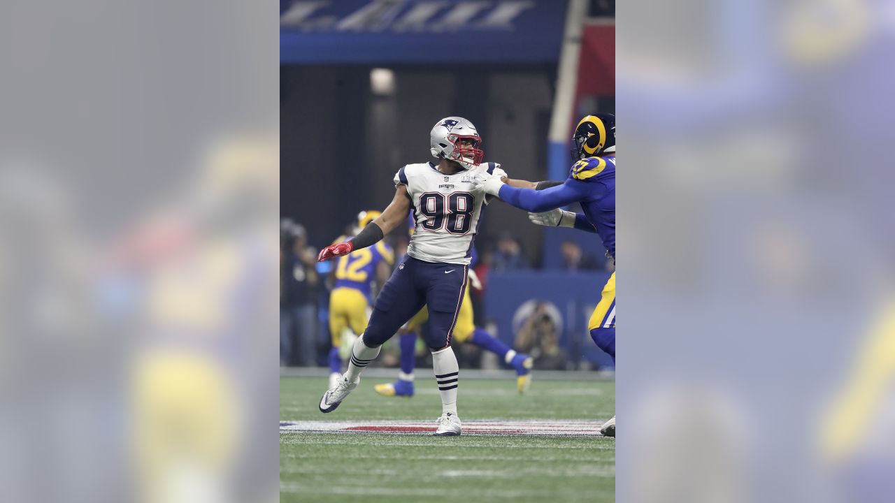 New England Patriots defensive lineman Trey Flowers #98 in action against  the Philadelphia Eagles at Super Bowl 52 on Sunday, February 4, 2018 in  Minneapolis. Philadelphia won the game 41-33.(AP Photo/Gregory Payan