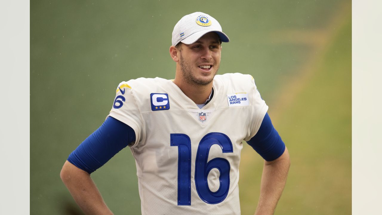 Los Angeles Rams quarterback Jared Goff wears an NFC Champions hat